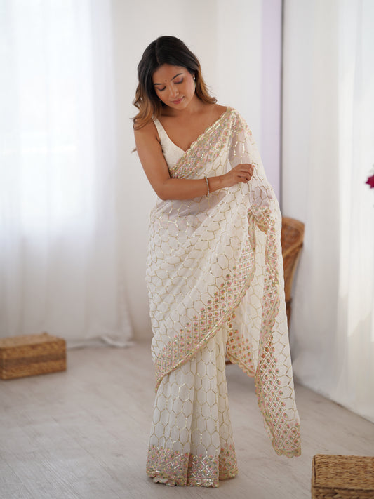 Kesari KR11 – Ivory Georgette Sequin Saree with Blouse Piece