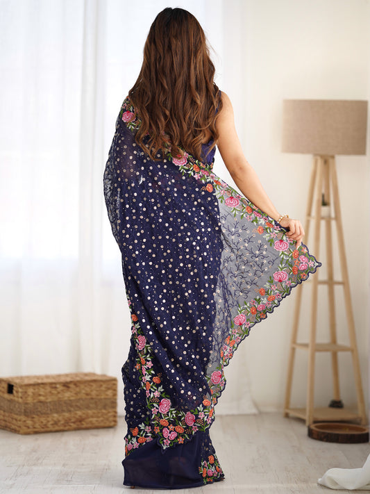 Navy Blue Floral Embroidered Saree