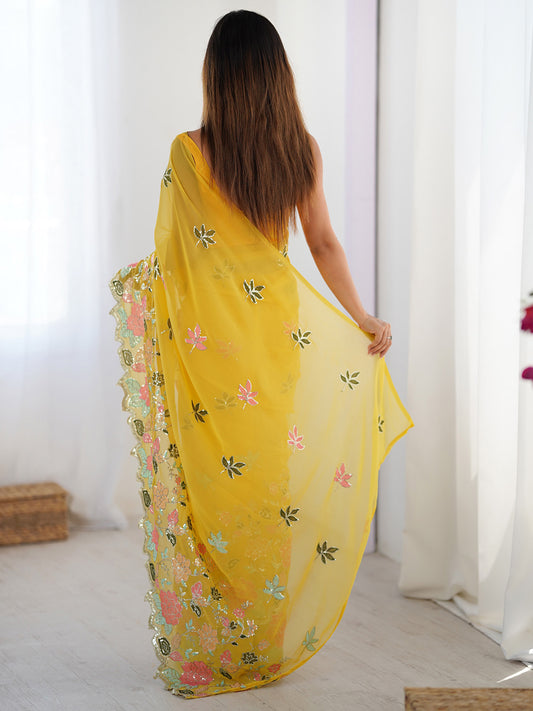 Kesari Yellow Georgette Embroidered Saree with Blouse Piece
