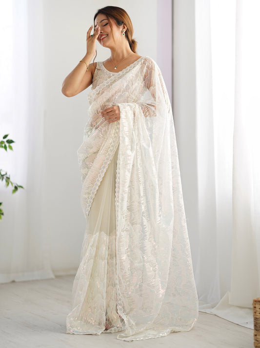 Off-White Net All-Over Sequin Embroidery Saree
