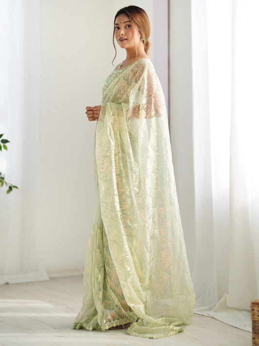 Pista Green Sequin Embroidery Polyester Saree with Scalloped Border