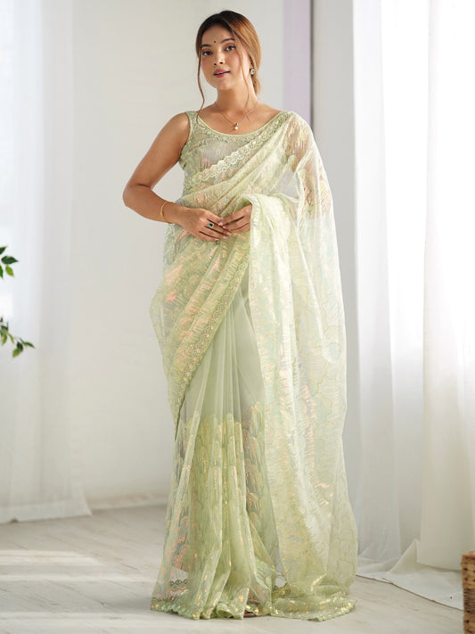 Pista Green Sequin Embroidery Net Saree
