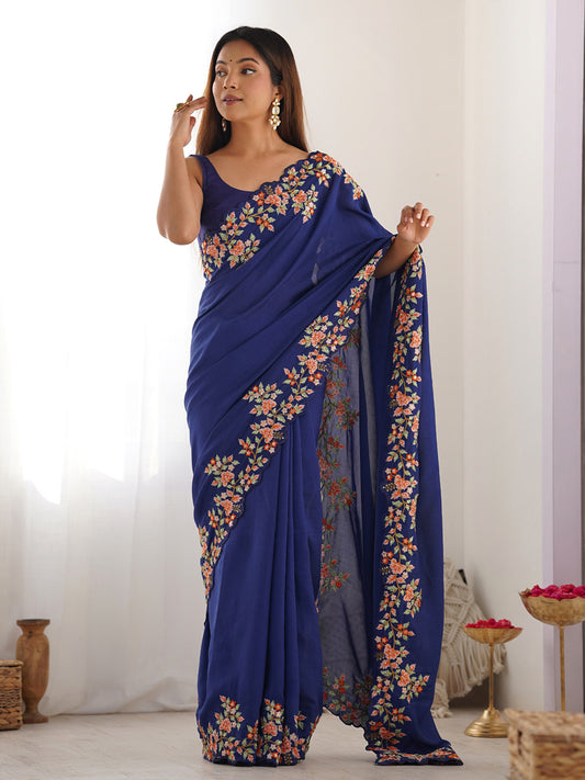 Blue Polyester Floral Embroidery Scalloped Border Saree