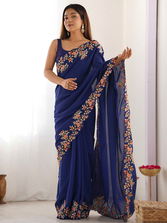Blue Polyester Floral Embroidery Scalloped Border Saree