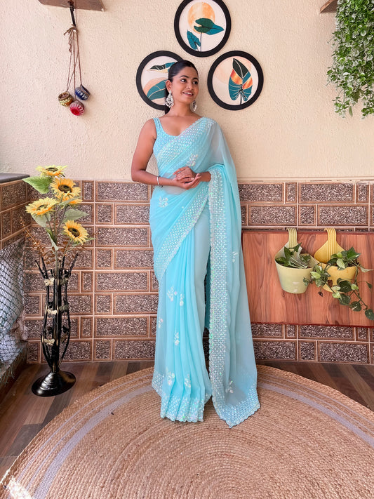 Sky Blue Georgette Sequin Embroidered Saree with Blouse