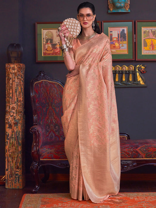 Peach Banarasi Silk Blend Zari Woven Floral Saree