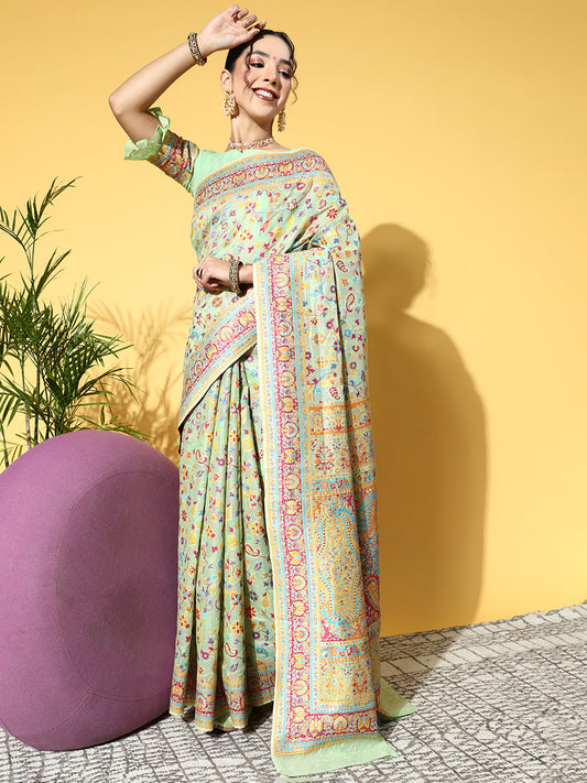 Pastel Green Silk Blend Woven Banarasi Multi-Color Floral Blouse Saree