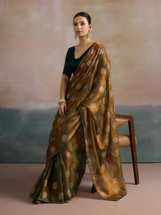 Mustard Gold Olive Green Shimmer Georgette Foil Print Blouse Saree