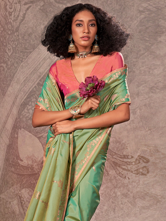 Sea Green Banarasi Satin Silk Zari Woven Saree