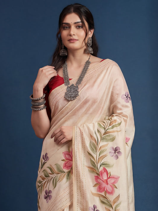 Cream Tussar Silk Saree with Asymmetrical Floral Border