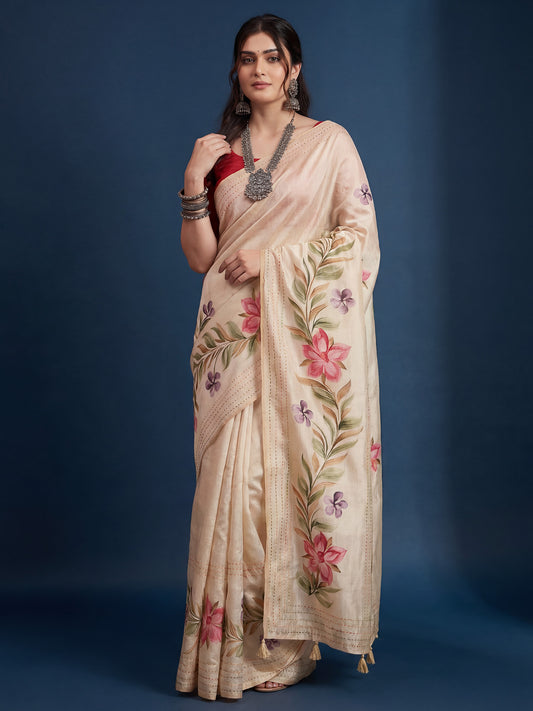 Cream Tussar Silk Saree with Asymmetrical Floral Border