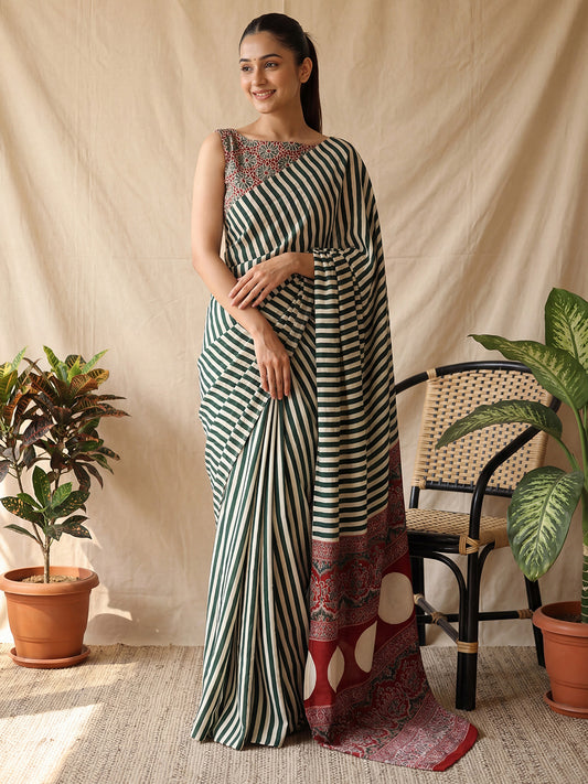 Green Crepe Striped Pattern Saree