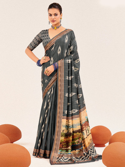 Grey Ikat Silk Saree with Scenic Digital Print Pallu