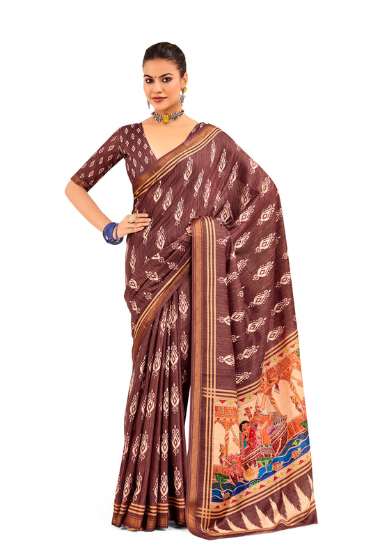 Brown Ikat Silk Saree with Pattachitra Pallu