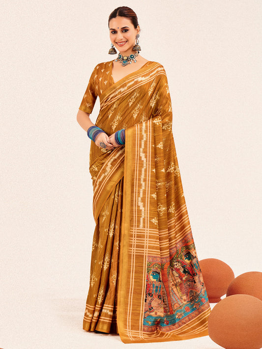 Mustard Ikat Silk Saree with Madhubani Pallu