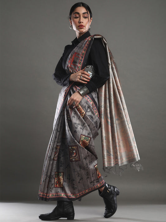 Charcoal Grey Kalamkari Printed Saree