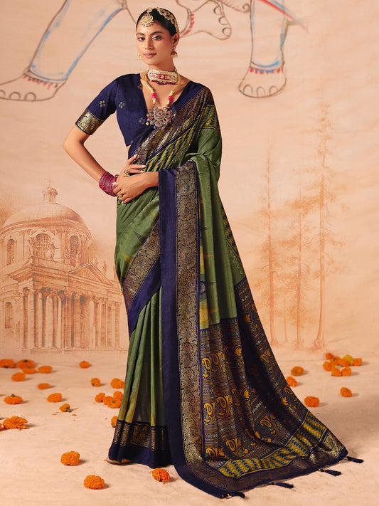 Mehndi Green & Navy Blue Silk Saree with Zari Border