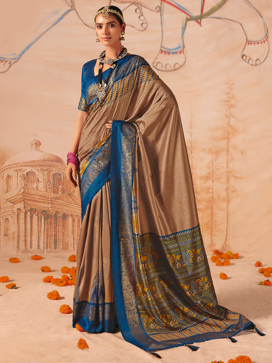 Kanjivaram Silk Saree in Bronze & Royal Blue with Patola Pallu