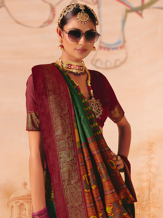 Green & Maroon Patola Silk Saree with Zari Border