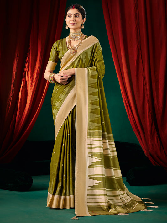 Mehndi Green Ikkat Silk Saree with Cream Zari Border