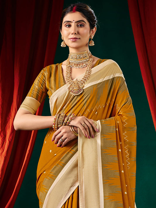 Mustard Silk Saree with Ikat Weave & Ivory Pallu
