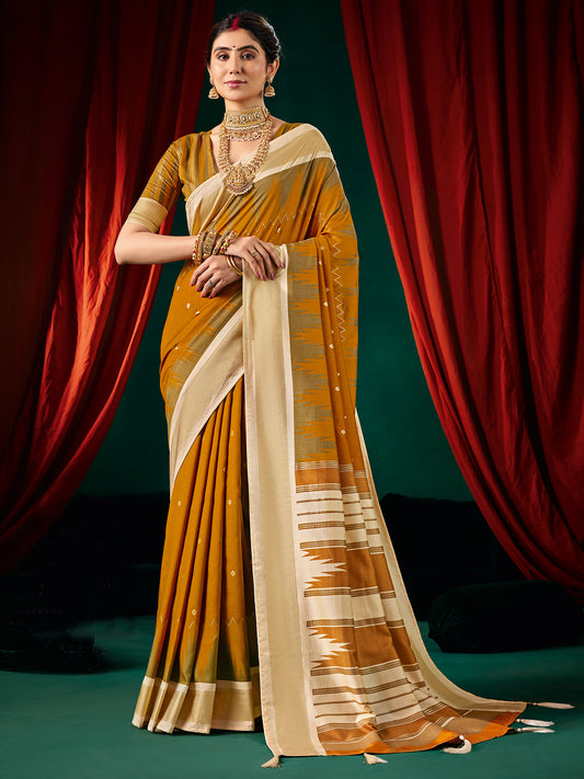 Mustard Silk Saree with Ikat Weave & Ivory Pallu