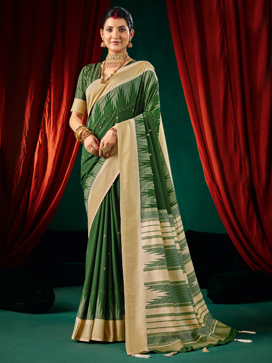 Forest Green Ikkat Silk Saree with Cream Zari Pallu