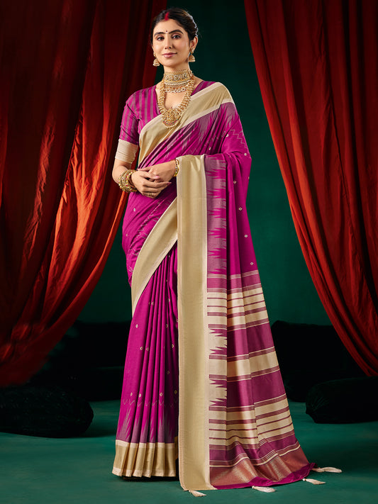 Magenta Ikkat Silk Saree with Beige Pallu