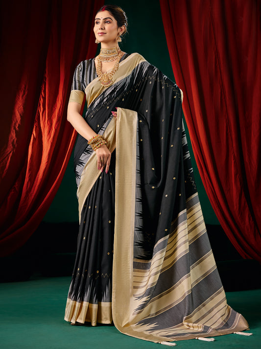 Ikkat Silk Saree in Black with Beige Border