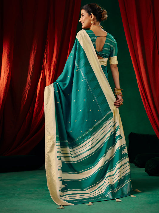 Teal Tussar Silk Saree with Cream Zari Border & Mirror Work
