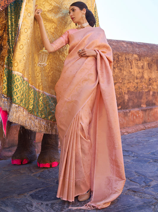 Peach Jari Woven Banarasi Saree