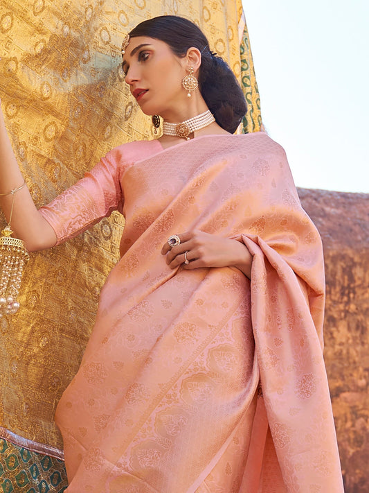 Peach Jari Woven Banarasi Saree