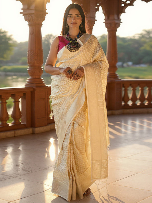 Off White Silk Blend Banarasi Silk Saree