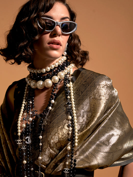 Gold Jari Silk Kanjivaram Saree | Gold Olive Ethnic Motif Weave