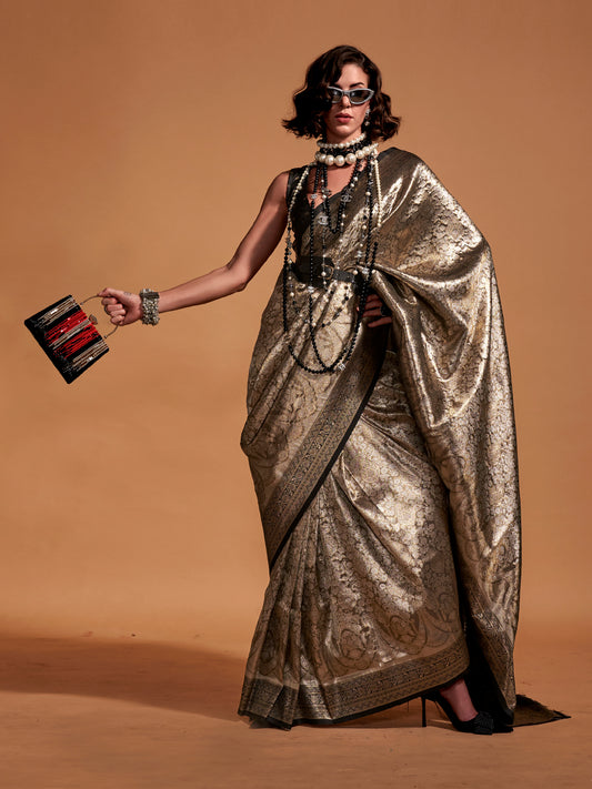 Gold Jari Silk Kanjivaram Saree | Gold Olive Ethnic Motif Weave