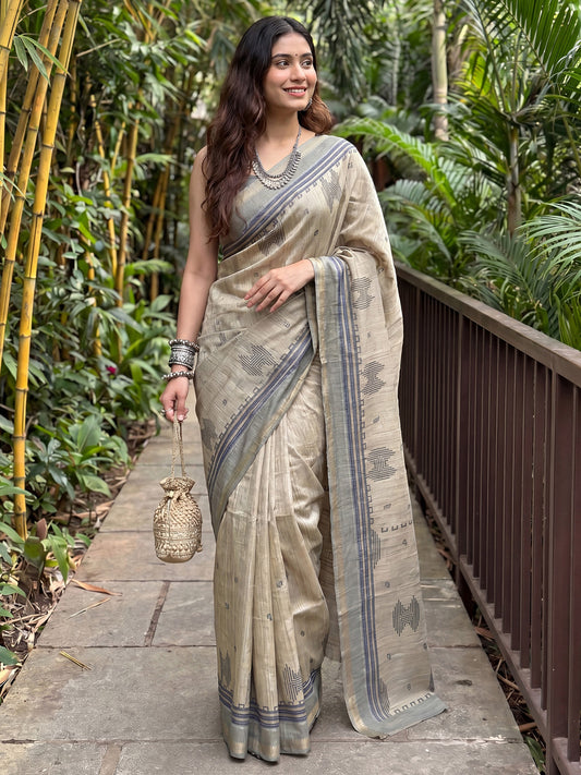 Beige & Grey Tussar Silk Sare