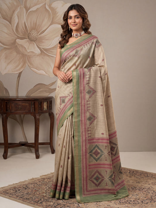 Beige & Green Tussar Silk Saree