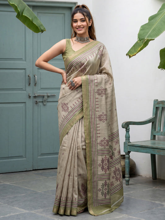 Beige & Green Tussar Silk Saree