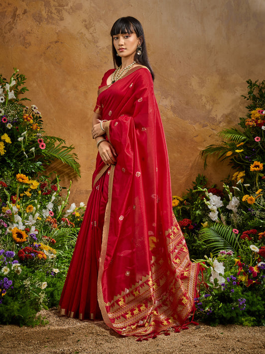 Crimson Silk Saree with Elephant Motif Border