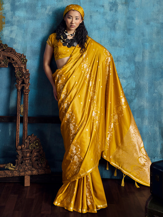 Mustard Yellow Banarasi Silk Saree with Heritage Motifs