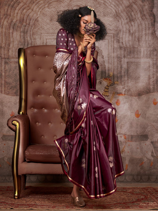 Deep Wine Silk Blend Pichwai Saree