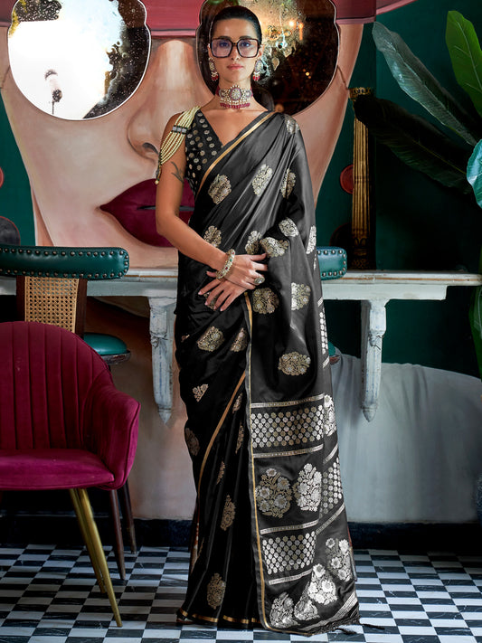 Black Banarasi Silk Blend Golden Zari Woven Saree