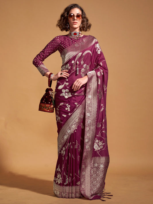 Purple Silk Blend With Silver Weaving Zari Border