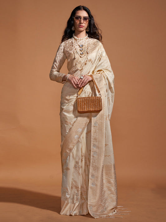 Off-White Silk Blend Banarasi Style Saree