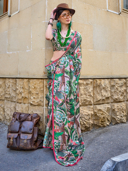 Cream Silk Blend Tropical Heritage Print Saree