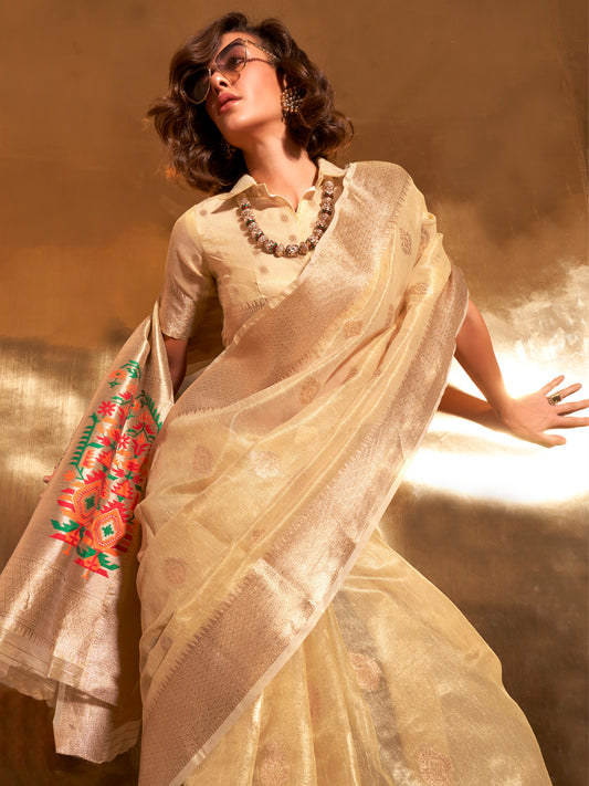 Elegant Cream Gold Banarasi Saree