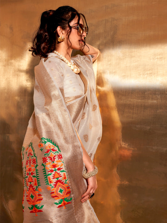 Off-White Zari Woven Tissue Saree with Meenakari Pallu