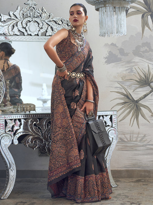 Black Kashida Embroidered Weaving Cotton Saree