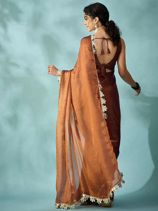 Brown Tissue Silk Saree with Zari Stripes