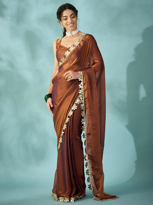 Brown Tissue Silk Saree with Zari Stripes